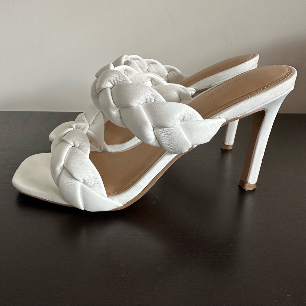 Express White Braided Double Strap Sandals Mules Heels Faux Vegan Leather